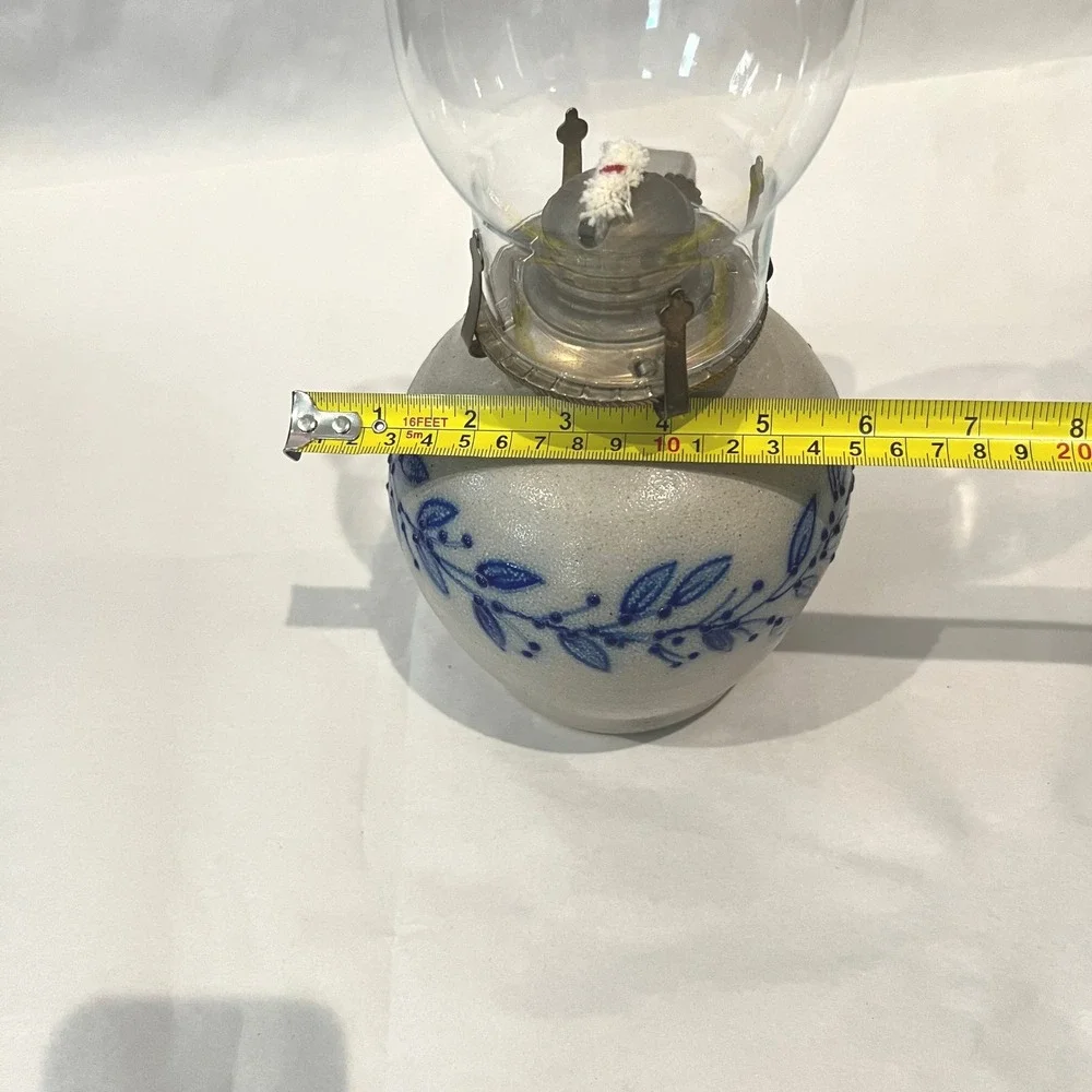 Salmon Falls Stoneware Kerosene Oil Lamp & Chimney Blueberry Vine Signed 1999